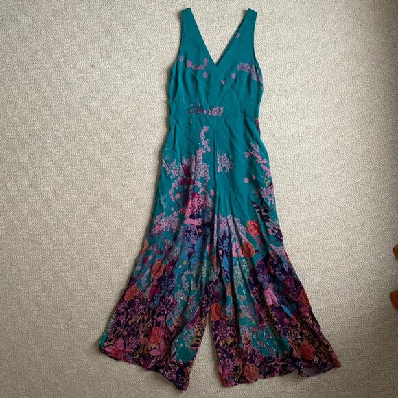 Anthropologie Maeve Teal Floral Andalusia Jumpsuit 6 - Picture 2 of 5